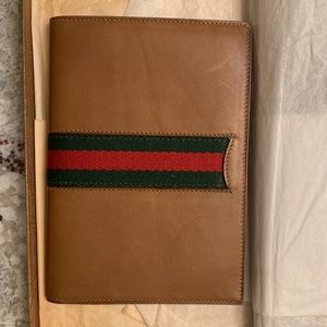 Vintage Gucci Brown Leather Signature Stripe Notebook with Pen